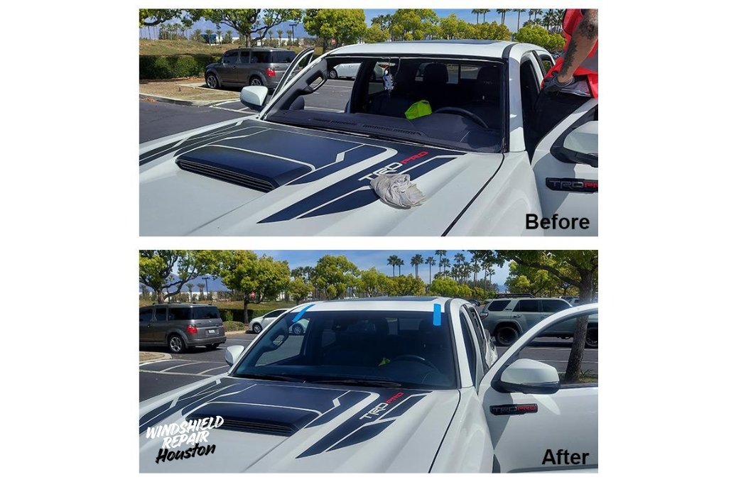Before-and-after windshield crack repair comparison