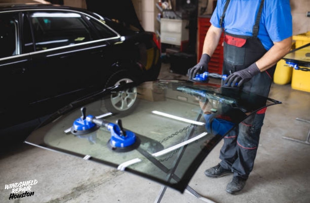 Technician lifting windshield glass with suction tools